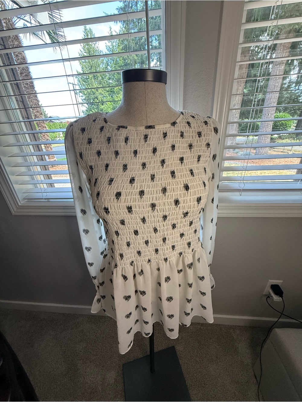 Rose & Olive White Smocked Peplum Blouse with Black Floral Print